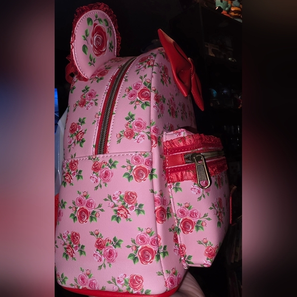 Brand New! Loungefly Disney Minnie Mouse Pink & Red Roses Figural Mini Backpack